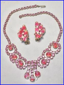 Vintage Art Deco Pink Givre Glass Rhinestone Collar Necklace Clip On Earring Set