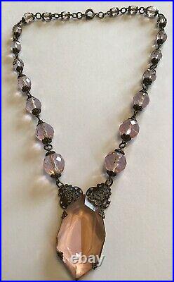 Vintage Art Deco Pink Rhinestone And Bead Pendant Necklace