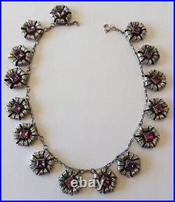 Vintage Art Deco Pink Rhinestone Flower Panel Necklace