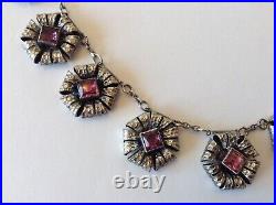 Vintage Art Deco Pink Rhinestone Flower Panel Necklace