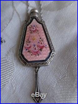 Vintage Art Deco Pink Rose Guilloche Enamel Sterling Perfume Bottle Necklace