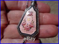 Vintage Art Deco Pink Rose Guilloche Enamel Sterling Perfume Bottle Necklace