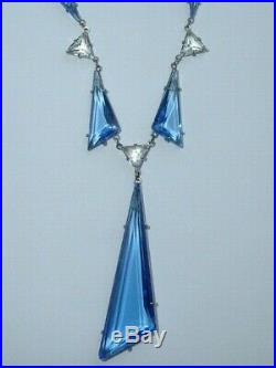 Vintage Art Deco Platinon Open Back Blue Glass Geometric Necklace