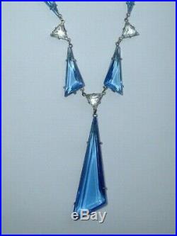 Vintage Art Deco Platinon Open Back Blue Glass Geometric Necklace