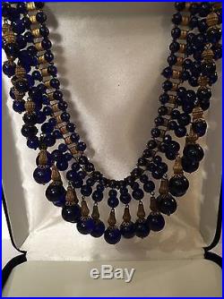 Vintage Art Deco Poured Glass Bib Necklace! Book Chain Blue Cobalt HEAVY FINE
