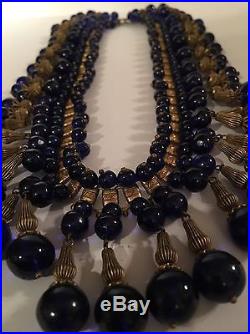 Vintage Art Deco Poured Glass Bib Necklace! Book Chain Blue Cobalt HEAVY FINE