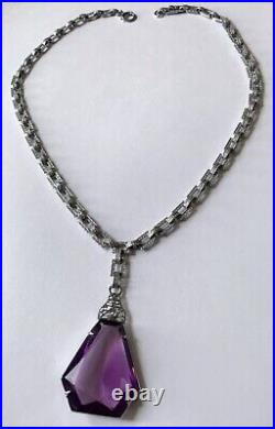 Vintage Art Deco Purple Amethyst Rhinestone Pendant Necklace G6