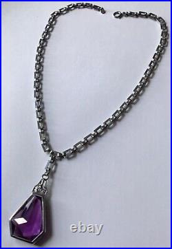 Vintage Art Deco Purple Amethyst Rhinestone Pendant Necklace G6