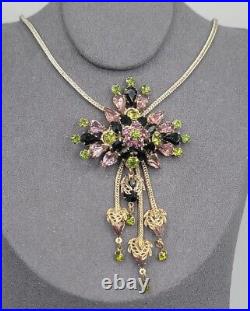 Vintage Art Deco Purple Olivine Black Crystal Pendant Necklace Silver Tone