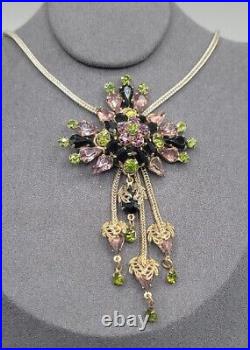 Vintage Art Deco Purple Olivine Black Crystal Pendant Necklace Silver Tone