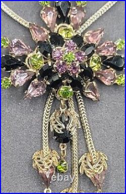 Vintage Art Deco Purple Olivine Black Crystal Pendant Necklace Silver Tone