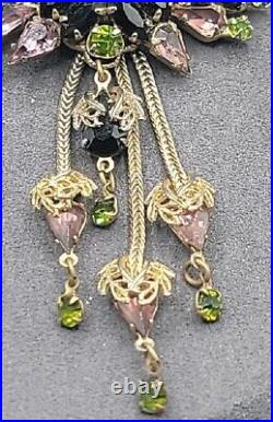 Vintage Art Deco Purple Olivine Black Crystal Pendant Necklace Silver Tone