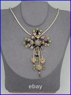 Vintage Art Deco Purple Olivine Black Crystal Pendant Necklace Silver Tone