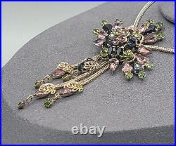 Vintage Art Deco Purple Olivine Black Crystal Pendant Necklace Silver Tone