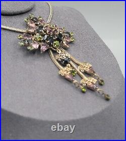 Vintage Art Deco Purple Olivine Black Crystal Pendant Necklace Silver Tone