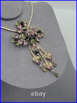 Vintage Art Deco Purple Olivine Black Crystal Pendant Necklace Silver Tone