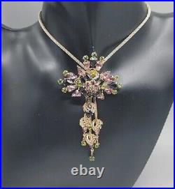 Vintage Art Deco Purple Olivine Black Crystal Pendant Necklace Silver Tone