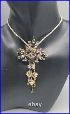 Vintage Art Deco Purple Olivine Black Crystal Pendant Necklace Silver Tone