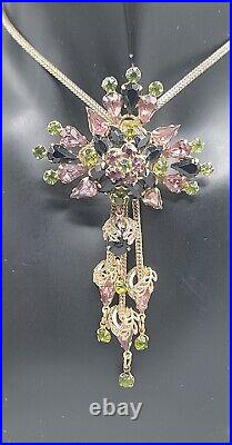 Vintage Art Deco Purple Olivine Black Crystal Pendant Necklace Silver Tone