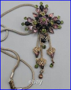 Vintage Art Deco Purple Olivine Black Crystal Pendant Necklace Silver Tone