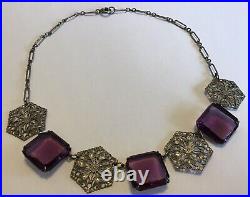 Vintage Art Deco Purple Rhinestone & Filigree Necklace