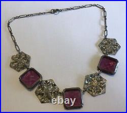 Vintage Art Deco Purple Rhinestone & Filigree Necklace