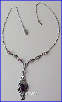 Vintage Art Deco Purple Rhinestone & Glass Bead Filigree Necklace