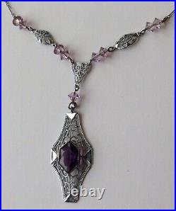 Vintage Art Deco Purple Rhinestone & Glass Bead Filigree Necklace