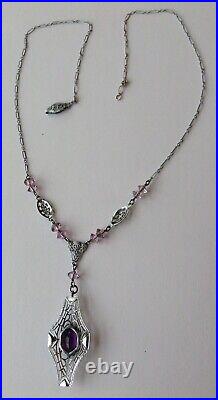 Vintage Art Deco Purple Rhinestone & Glass Bead Filigree Necklace