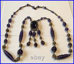 Vintage Art Deco Purple Rhinestone & Glass Beads Necklace N1