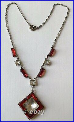 Vintage Art Deco Red And Clear Vauxhall Glass Necklace