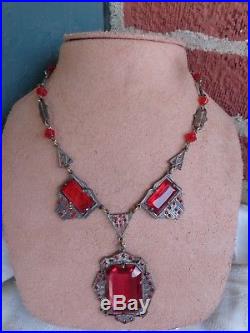 Vintage Art Deco Red Crystal Rhinestone Czech Era Lavalier Necklace