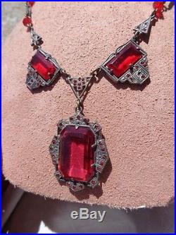 Vintage Art Deco Red Crystal Rhinestone Czech Era Lavalier Necklace