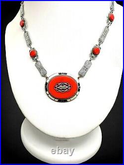 Vintage Art Deco Red Glass Black White Enamel Silvertone Marcasite Necklac