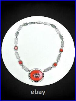 Vintage Art Deco Red Glass Black White Enamel Silvertone Marcasite Necklac