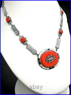 Vintage Art Deco Red Glass Black White Enamel Silvertone Marcasite Necklac