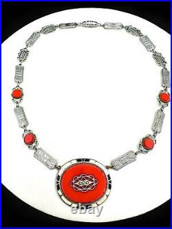 Vintage Art Deco Red Glass Black White Enamel Silvertone Marcasite Necklac