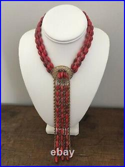 Vintage Art Deco Red Venetian Art Glass Long Fringe Strands & Chain Necklace