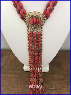 Vintage Art Deco Red Venetian Art Glass Long Fringe Strands & Chain Necklace