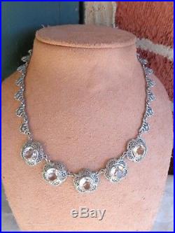 Vintage Art Deco Rhodium Plate Violet Filigree Crystal Stones Necklace Signed