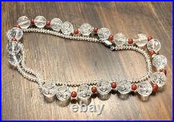 Vintage Art Deco Rock Crystal & Red Carnelian Orb Cut Glass Strung Bead Necklace