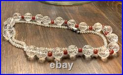 Vintage Art Deco Rock Crystal & Red Carnelian Orb Cut Glass Strung Bead Necklace