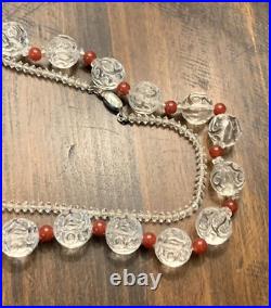 Vintage Art Deco Rock Crystal & Red Carnelian Orb Cut Glass Strung Bead Necklace