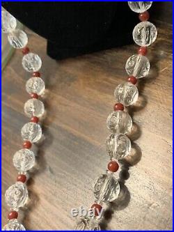 Vintage Art Deco Rock Crystal & Red Carnelian Orb Cut Glass Strung Bead Necklace