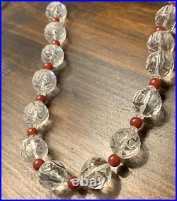 Vintage Art Deco Rock Crystal & Red Carnelian Orb Cut Glass Strung Bead Necklace