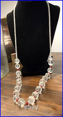 Vintage Art Deco Rock Crystal & Red Carnelian Orb Cut Glass Strung Bead Necklace