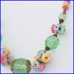 Vintage Art Deco Satin Glass Flower Necklace Multicolor Floral Green Czech Beads
