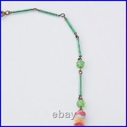 Vintage Art Deco Satin Glass Flower Necklace Multicolor Floral Green Czech Beads