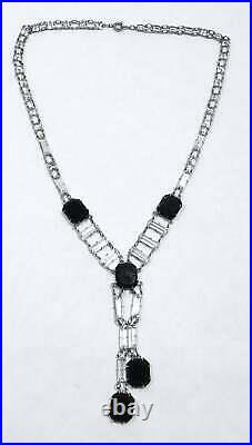 Vintage Art Deco Shiny Black 46.13CT Onyx & Clear Crystals 925 Silver Necklace