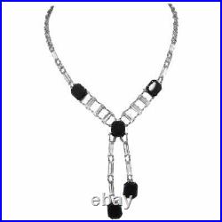 Vintage Art Deco Shiny Black 46.13CT Onyx & Clear Crystals 925 Silver Necklace